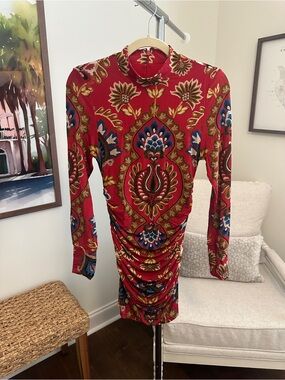 FARM Rio Red Long-Sleeve Ruched Mini Dress with Ornate Multicolor Motif